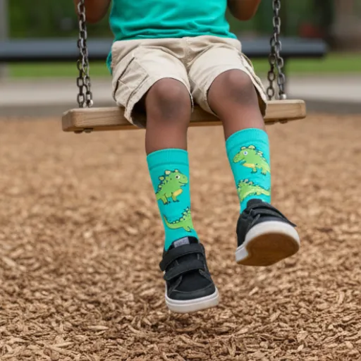 Airylooms Dino Explorer Teal Crew Socks for Boys & Girls - Mid-Calf Length, Comfortable Stretch, Dinosaur Pattern