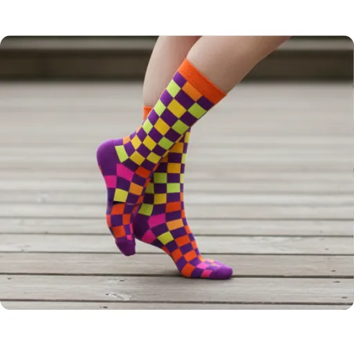 Airylooms Retro Check Knee High Socks for Women - Electric Purple & Orange Checkered Print, Mid-Weight Cotton